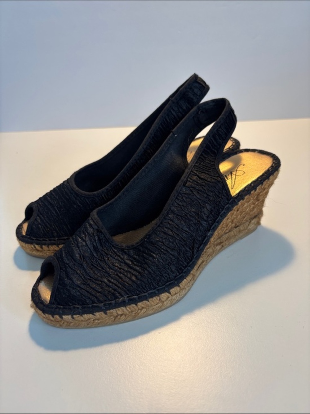 Black Jute-Wedge Peep-Toe Slingback Sandals